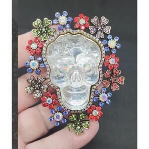 Skull with Flowers Brooch Colorful Raised Skull & Rhinestone Show Stopper Piece